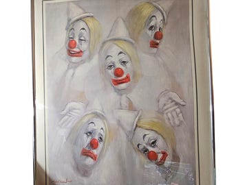 Vintage Leighton Jones 1976 DAC NY Framed Art Print Five Sad Clowns Melancholy