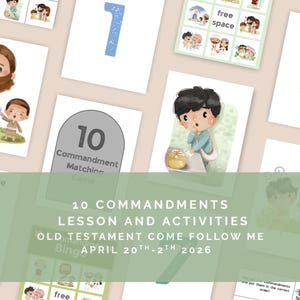 Puede incluir: Un conjunto de tarjetas ilustradas y un juego de bingo con el texto "10 Mandamientos Lección y Actividades". Las tarjetas presentan ilustraciones de dibujos animados de figuras y símbolos religiosos. También está presente el texto "Antiguo Testamento Ven Sígueme".