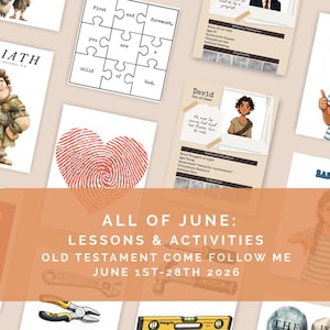 May include: A collection of illustrated cards and graphics with religious themes. Includes images of Goliath, David, puzzle pieces, a fingerprint heart, and children. Text includes "All of June: Lessons & Activities" and "Old Testament Come Follow Me".