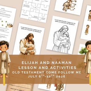 Pode incluir: Uma coleção de materiais didáticos religiosos imprimíveis com ilustrações de figuras do Antigo Testamento, incluindo um quebra-cabeça, páginas para colorir e recortes com o texto Elijah and Naaman Lesson and Activities.