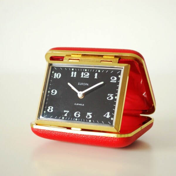 Vintage Travel Alarm Clock. Europa. German Mechanical. Red Faux Leather Hard Case. 2 Jewels.