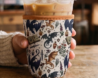 Dragon Book Lover Iced Drink and Slim Can Sleeve, Gift For Fantasy Reader,  Insulated Neoprene Cup Sleeve, Witchy Book Gift