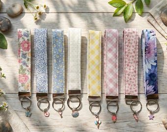 Handmade Quilted Cotton Wristlet Keychain with Charm, Floral Fabric Strap, Key Fob Wristlet, Cottagecore Gift for Women