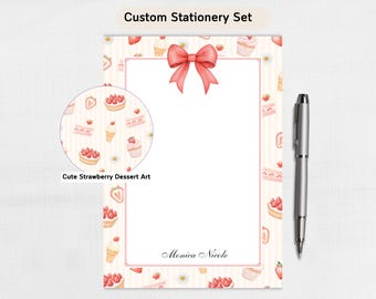 Strawberry Dessert Desk Set, Personalized Notepad, Weekly Planner, Sticky Notes, Cute Coquette Stationery Gift