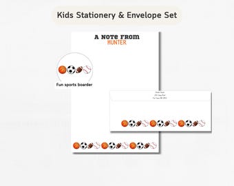 Kids Personalized Sports Stationery Notepad With Envelopes, Personalized Letter Writing Kit, Summer Camp Letters, Custom Kids Writing Paper
