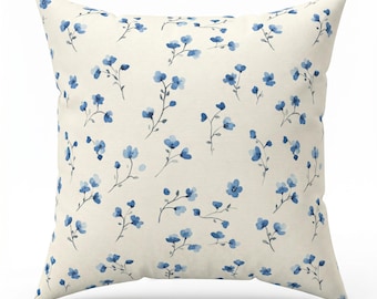 Dainty Blue Wildflower Accent Pillow, Floral Square Pillow, Cottagecore Home Decor, Housewarming Gift