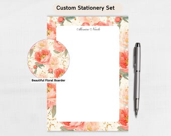 Orange Floral Stationery Desk Set Bundle, Personalized Notepad, Weekly Planner, Sticky Notes, Custom Floral Gift Set