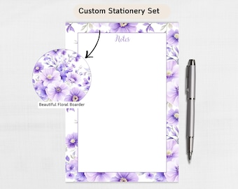 Lavender Floral Stationery Desk Set Bundle, Personalized Notepad Weekly Planner Sticky Notes, Custom Purple Floral Gift Set