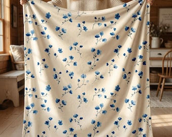 Blue Floral Cottagecore Blanket, Soft Velveteen Throw Blanket, Shabby Chic Decor, Vintage Style Bedding, Housewarming Gift