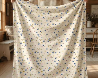 Wildflower Cottagecore Blanket, Soft Velveteen Throw Blanket, Shabby Chic Decor, Vintage Style Bedding, Housewarming Gift