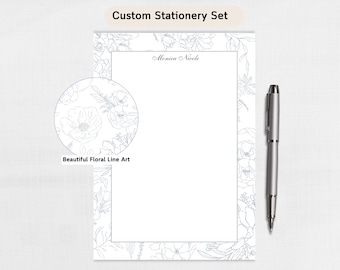 Minimalist Floral Line Art Stationery Set For Her, Personalized Notepad, Weekly Planner, Sticky Notes, Custom Floral Gift Set