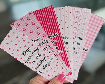 Non Candy Valentine's Day Bookmark Cards, Set of 12, Pink Patterned Teacher Gifts