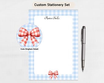 Personalized Stationery- Featuring Coquette Blue Gingham Desk Set, Personalized Stationery Set, Girl Planner Sheets, Feminine Office Decor