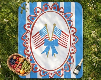 Coquette 4th of July Picnic Blanket, Vintage American Design, Foldable Water Resistant Outdoor Mat for Fireworks, Camping & Lake Blanket