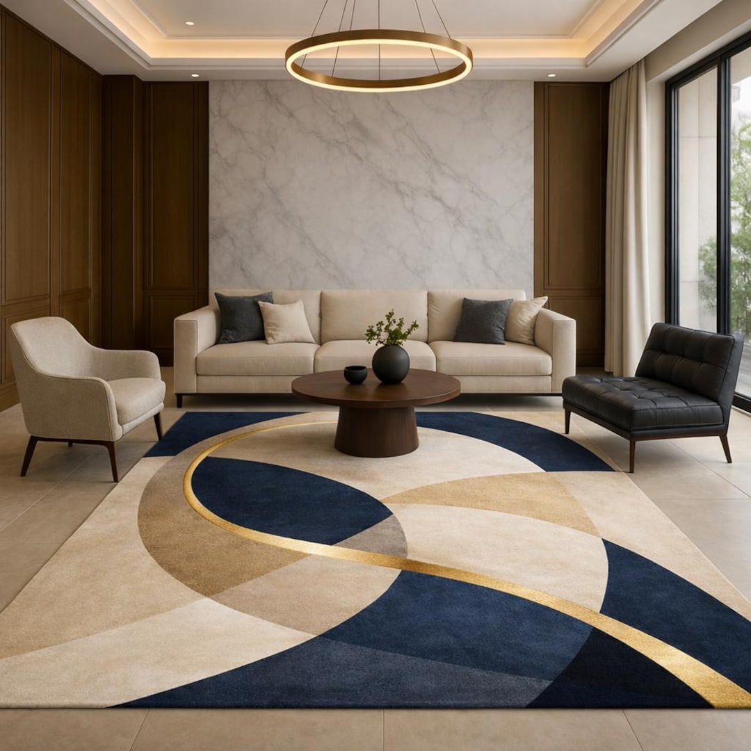 Modern Geometric Navy Gold Hand Tufted Wool Blend Rug – Abstract Luxury ...
