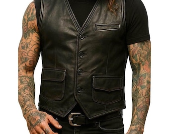 Chaleco vintage de cuero marrón oscuro para hombre, hecho a mano: chaleco de motociclista de cuero auténtico desgastado.