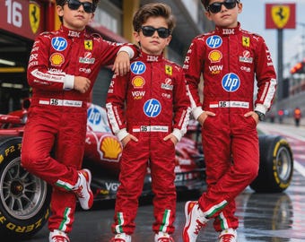 Formule 1-pakken voor kinderen en volwassenen van beroemde racers met bijpassende handschoenen, petten en schoenen beschikbaar - gratis te personaliseren met je naamvlag, enz.
