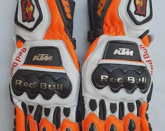 Guantes de cuero para carreras KTM Redbull MotoGP: fabricados en auténtica piel de vacuno y totalmente personalizables.