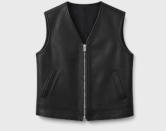 Chaleco de cuero: chaleco clásico de motociclista sin mangas, ropa de calle de cuero genuino