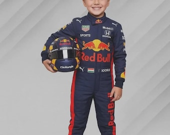 Mono de karts Red Bull F1 para niños: réplica de la ropa de carreras de Fórmula 1 con guantes a juego, nombre y bandera personalizables, disponible en todas las tallas.