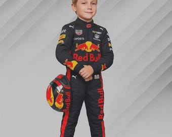 Mono de karts Red Bull F1 para niños: réplica de la ropa de carreras de Fórmula 1 con guantes a juego, nombre y bandera personalizables, disponible en todas las tallas.