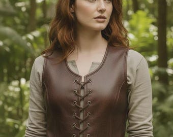 Chaleco de cuero marrón artesanal con cordones – Chaleco medieval renacentista / Disfraz de rol de fantasía para ella