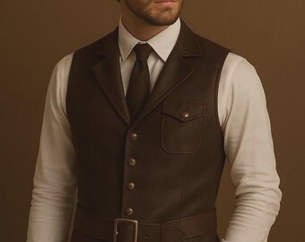 Chaleco Steampunk de cuero marrón para hombre, hecho a mano: chaleco victoriano vintage para cosplay con hebilla.