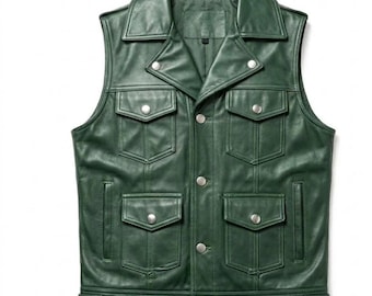 Chaleco de cuero verde oliva hecho a mano / Chaleco de motociclista / Conjunto de estilo punk rock urbano / Regalo para él