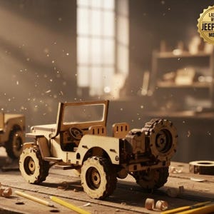 Può includere: Due kit di modelli Jeep Willys in legno sono esposti su un banco da lavoro in legno. I kit sono tagliati al laser e presentano disegni dettagliati, tra cui ruote, un volante e una ruota di scorta. I kit sono in legno chiaro.