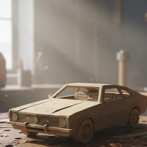 May include: A laser-cut wooden Ford Maverick model kit. The car model is made of light brown wood and sits on a workbench with tools. The image includes the text "LASER CUT WOODEN FORD MAVERICK MODEL KIT" in a gold circle.