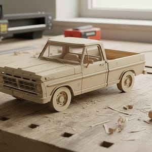 May include: A laser-cut wooden model of a classic pickup truck, showcasing intricate details. The model is light brown and sits on a wooden surface with wood shavings. The text "LASER CUT WOODEN DE F-100 MODEL KIT" is visible.