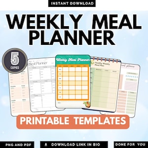 Puede incluir: Una colección de plantillas imprimibles de planificador de comidas semanales. La imagen presenta varios diseños de planificadores con el texto "WEEKLY MEAL PLANNER" y "PRINTABLE TEMPLATES". Las plantillas incluyen espacio para la planificación diaria de comidas y notas.