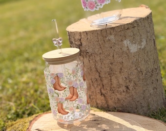 Western Cowgirl Glass Tumbler | Floral Iced Coffee Cup with Bamboo Lid & Glass Straw | 16oz