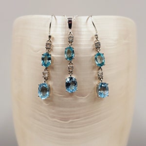 Conjunto de circonitas de espuma de mar, topacio azul, circonita cúbica, piedras preciosas semipreciosas, joyería hecha a mano, plata esterlina, pendientes colgantes y collar