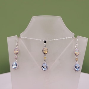 Conjunto de joyas de topacio y ópalo, circonita cúbica, ópalo etíope, topacio azul cielo, piedras semipreciosas, joyas hechas a mano, plata de ley