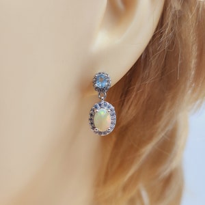 Opal Topaz Silver Earrings, Natural, Ethiopian Opal, Semi Precious Colourful Gemstones, Bespoke, Sterling Silver, Stud Drop Earrings