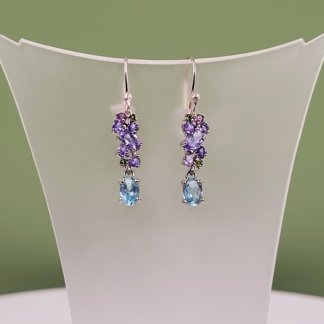 Boucles D'oreilles En Argent Sterling Avec Pierres : Tanzanite, Péridot, Grenat, Apatite - ROSEMIMOSA - Neuf