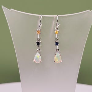Opal Sapphire Drop-Earrings, Ethiopian Opal, Blue Yellow Green Sapphire, Natural Precious Gemstones, Handmade Jewellery Sterling Silver