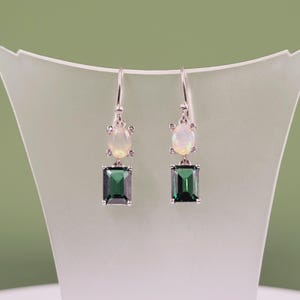Silver Opal Topaz Earrings, Natural Ethiopian Opal, Green Topaz Gemstones & Cubic Zirconia, Handmade Sterling Silver, Drop Earrings