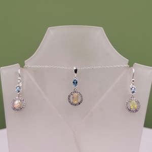 Conjunto de topacio etíope y ópalo, circonita cúbica, topacio azul, piedras semipreciosas naturales, plata de ley, pendientes y collar hechos a mano.