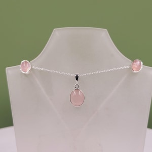 Conjunto ovalado de cuarzo rosa, piedras semipreciosas, joyería hecha a mano, plata de ley, pendientes y collar