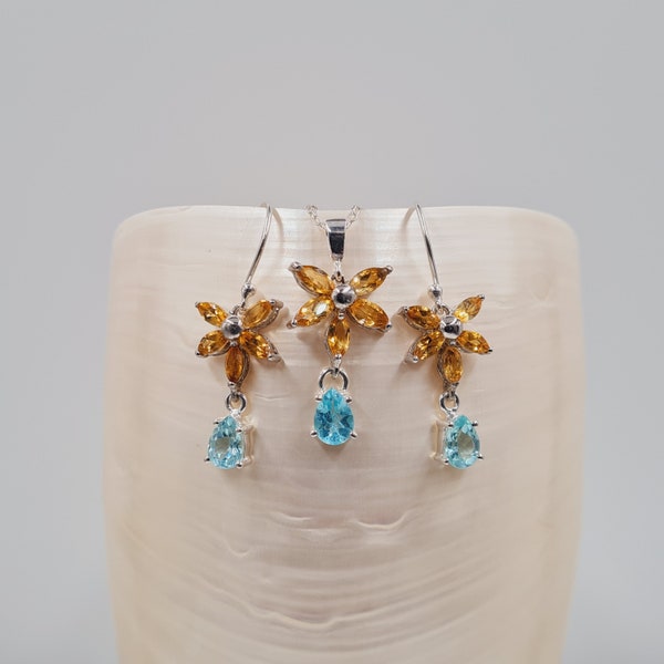 Citrine Apatite Set, Semi Precious, Handmade Gemstone Jewellery, Sterling Silver, Necklace & Earrings