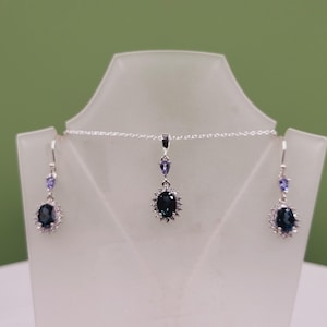 Tanzanite Topaz Set, terling Silver, London Blue Topaz, Rare Semi Precious Gemstones and Cubic Zirconia, Matching Drop Earrings & Necklace