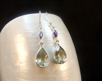 Green Amethyst & Purple Amethyst Sterling Silver Drop Earrings
