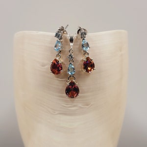 Conjunto de piedras preciosas de topacio, topacio champán azul y rosa, plata de ley, joyas con piedras preciosas semipreciosas, collar y pendientes