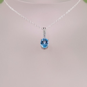 Blue Topaz Silver Necklace, Natural, Semi Precious Faceted Gemstone and Cubic Zirconia, Handcrafted, Sterling Silver, Pendant