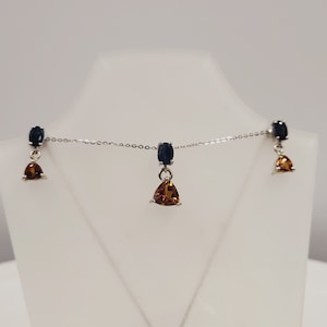 Topaz Sapphire Silver Set, Sterling Silver, Pink Champagne Topaz, Blue Sapphire, Natural Gemstones, Handmade Stud Drop Earrings & Necklace