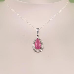 Ruby Silver Necklace Natural Pink Cabochon Gemstone With Cubic Zirconia, Anniversary Gift