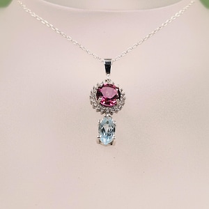 Topaz Silver Pendant, Natural Pink & Blue Topaz, Semi Precious, Faceted, Gemstones and Cubic Zirconia, Sterling Silver Necklace, and Chain