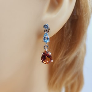 Topaz Gemstone Earrings, Blue & Pink Champagne Topaz, Sterling Silver, Semi Precious, Stud Drop Earrings